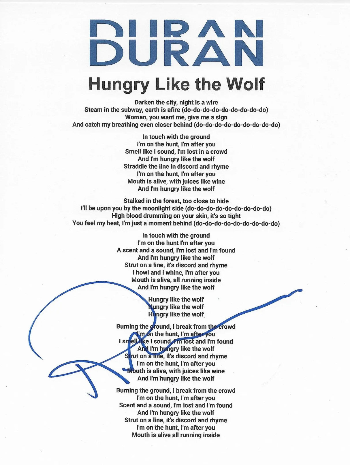Roger Taylor drummer signed Duran Duran Hungry like the Wolf Lyrics sheet COA proof autographed STAR