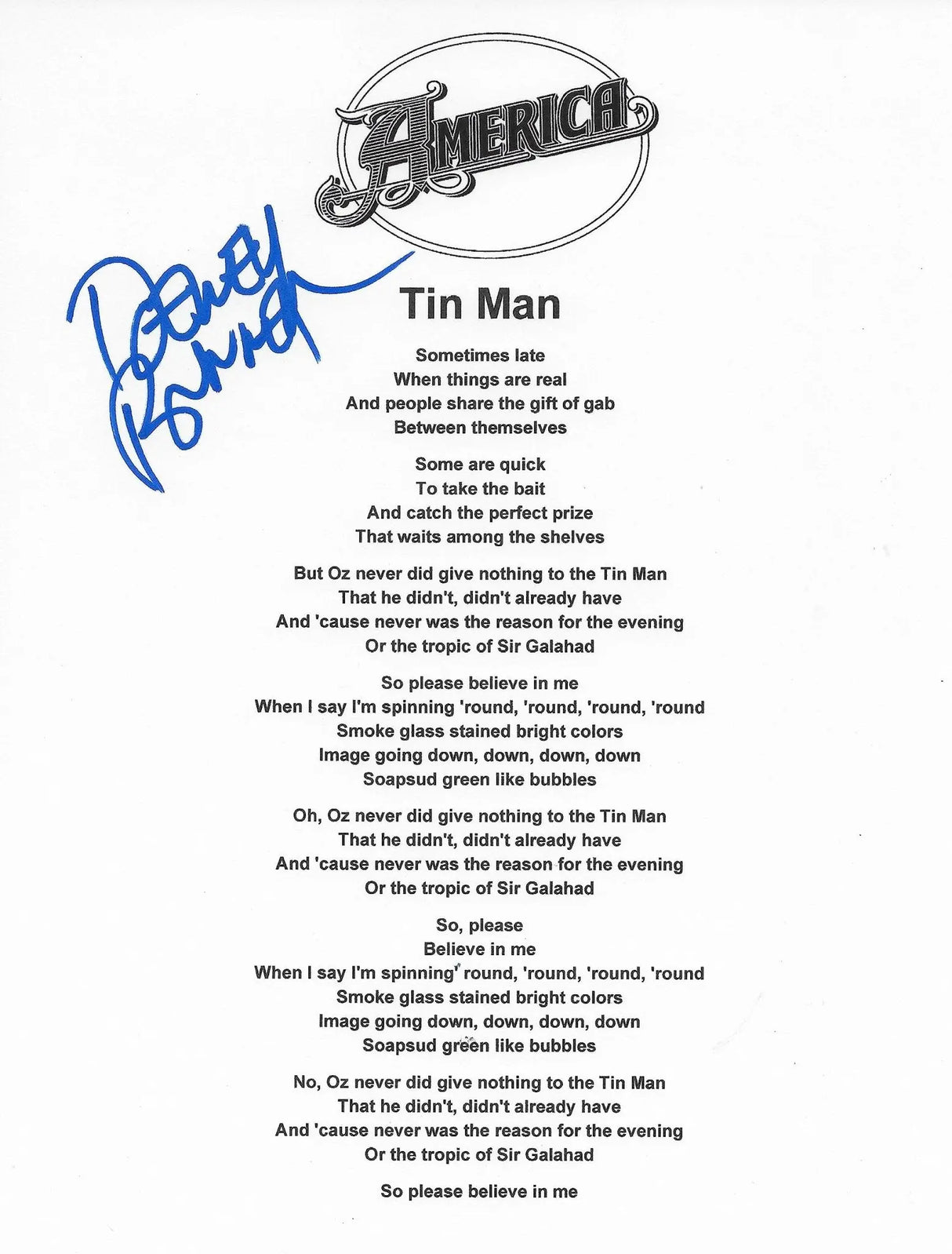 Dewey Bunnell signed America Tin Man Lyrics sheet COA Proof STAR