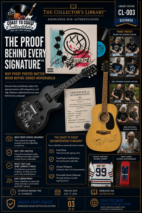 Cover of The Collector's Library™ CL-003 featuring a signed Blink-182 album, Def Leppard guitar, Joni Mitchell guitar, Wayne Gretzky jersey, Tony Hawk skateboard, and Certificate of Authenticity discussing the importance of proof photos