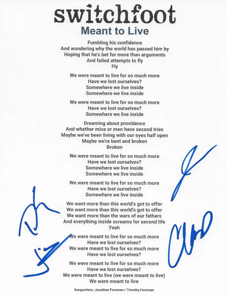Switchfoot Band Signed Meant To Livee Lyrics Sheet COA Proof Autographed Jon Foreman Tim Forman Chad Foreman Jerome Fontamillas Coast to Coast Collectibles Memorabilia