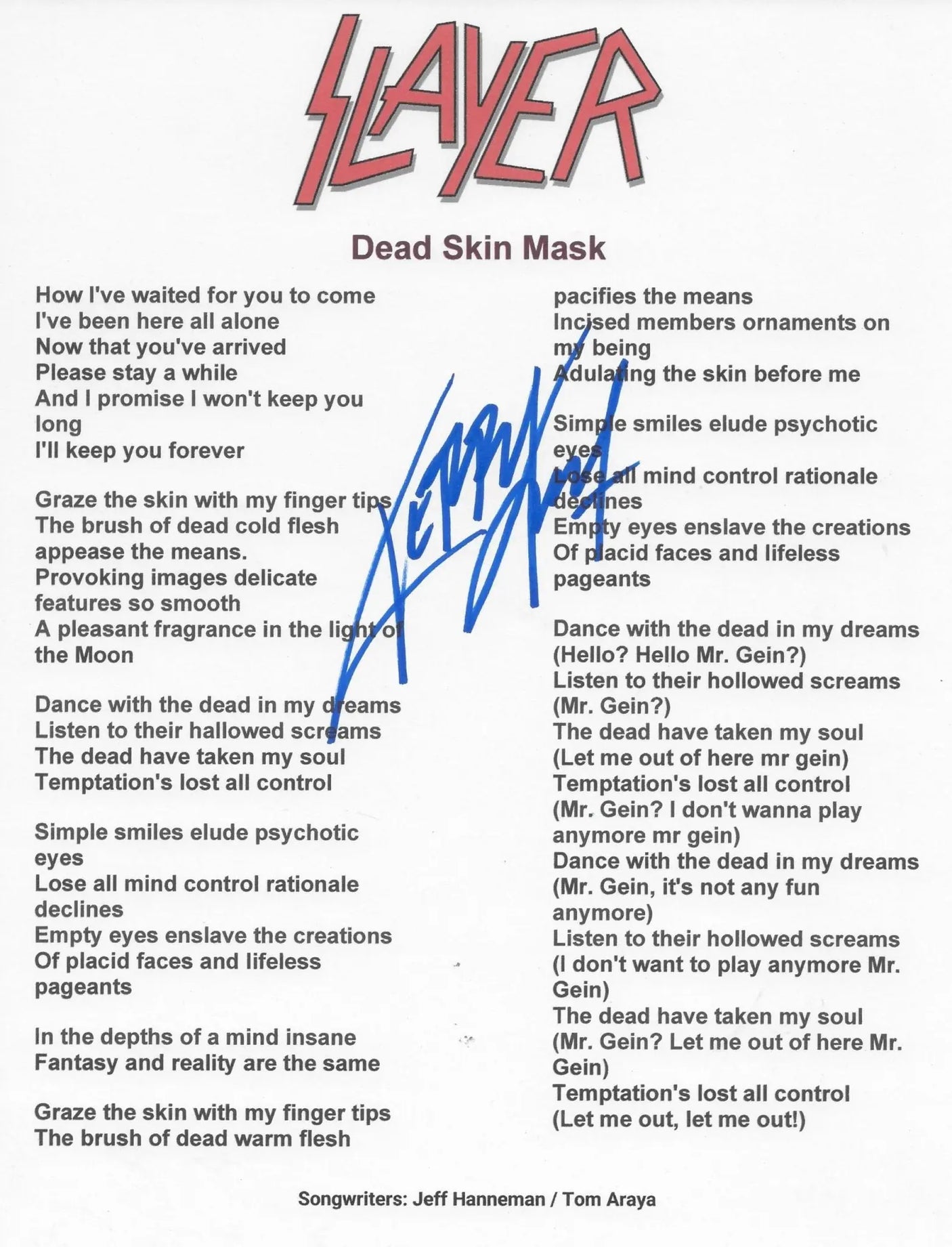 Kerry King Signed Dead Skin Mask Lyrics Sheet COA Exact Proof Autographed Slayer