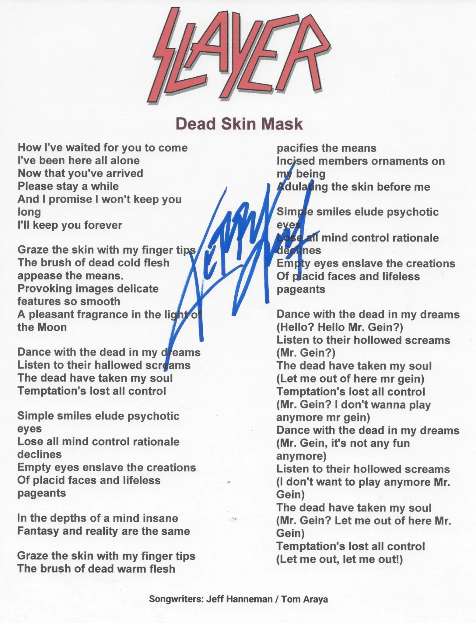 Kerry King Signed Dead Skin Mask Lyrics Sheet COA Exact Proof Autographed Slayer