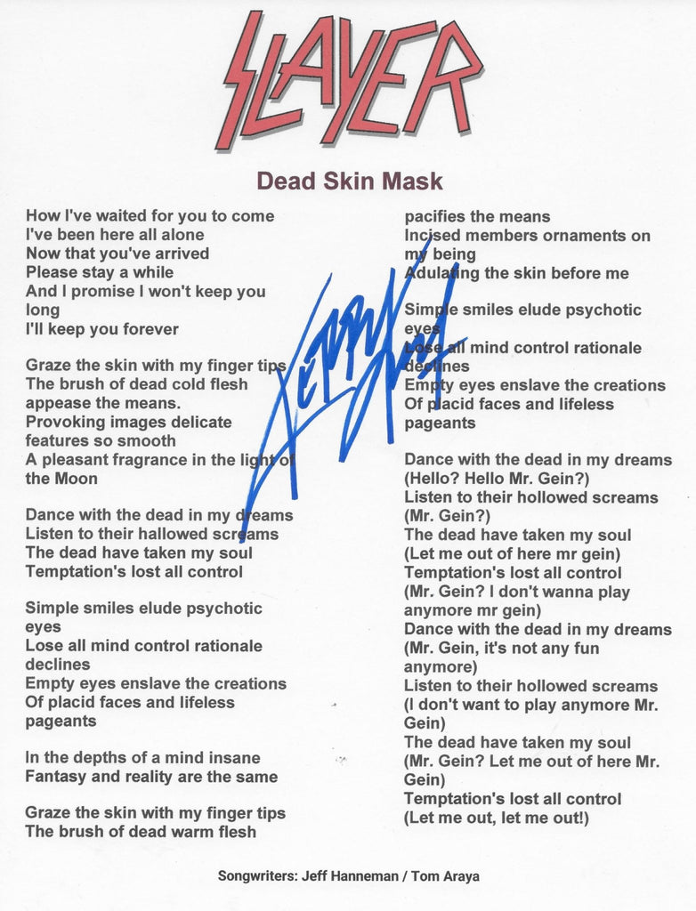 Kerry King Signed Dead Skin Mask Lyrics Sheet COA Exact Proof Autographed Slayer