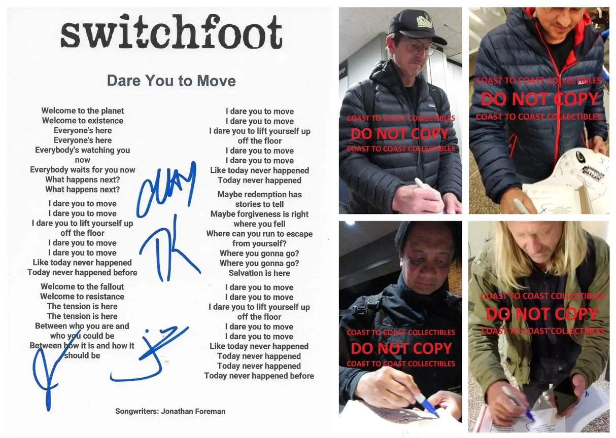 Switchfoot Band Signed Dare You To Move Lyrics Sheet COA Proof Autographed Jon Foreman Tim Forman Chad Foreman Jerome Fontamillas