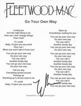 Lindsey Buckingham Signed Go Your Own Way Lyrics Sheet COA Proof Autographed Fleetwood Mac