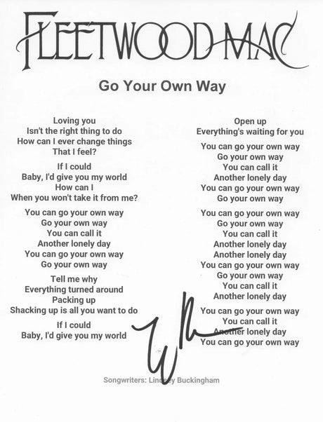 Lindsey Buckingham Signed Go Your Own Way Lyrics Sheet COA Proof Autographed Fleetwood Mac