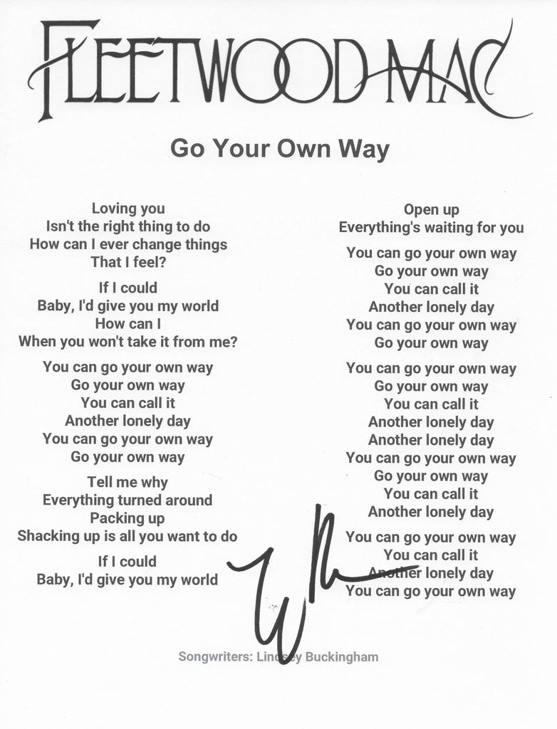 Lindsey Buckingham Signed Go Your Own Way Lyrics Sheet COA Proof Autographed Fleetwood Mac