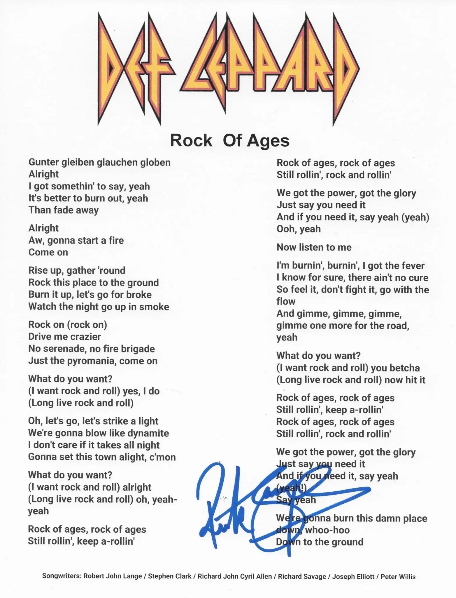 Rick Savage Signed Def Leppard Rock of Ages Lyrics Sheet COA Proof Autographed