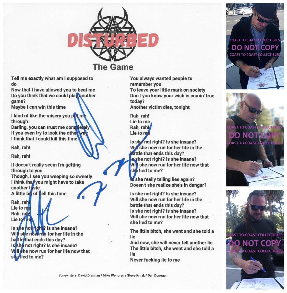 Disturbed Band Signed The Game Lyrics Sheet COA Proof Autographed