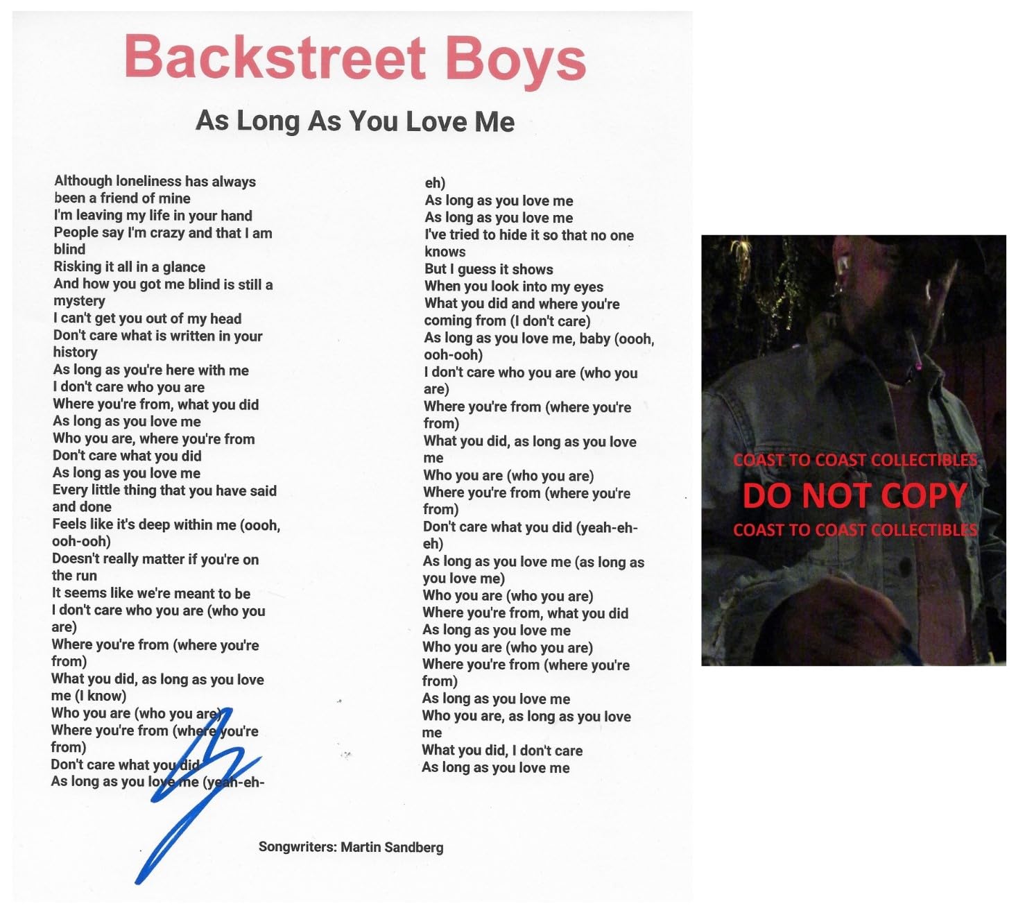 AJ McLean Signed Backstreet Boys As Long As You Love Me Lyrics Sheet COA Proof Autographed