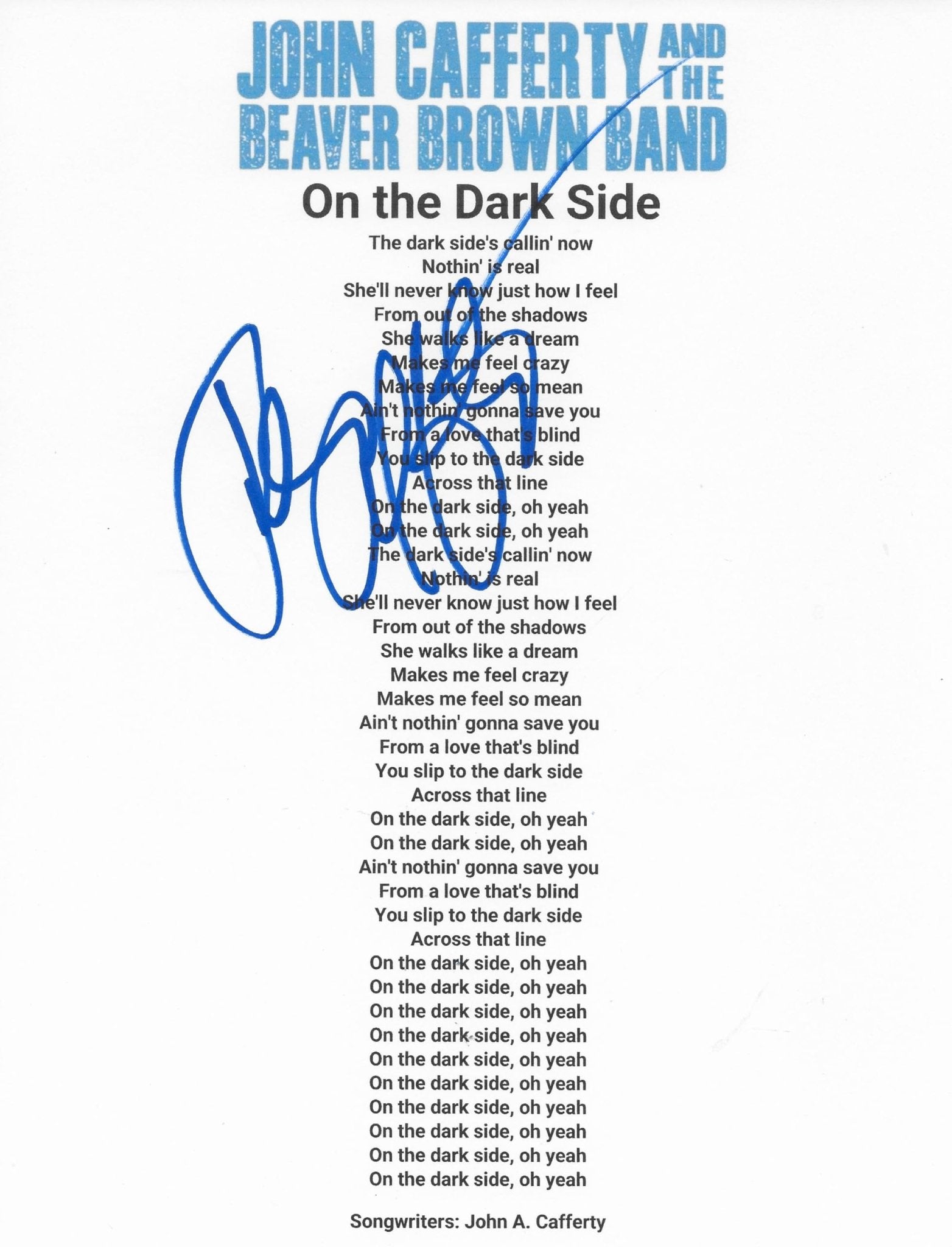 John Cafferty Signed On the Dark Side Lyrics Sheet COA Exact Proof Autographed