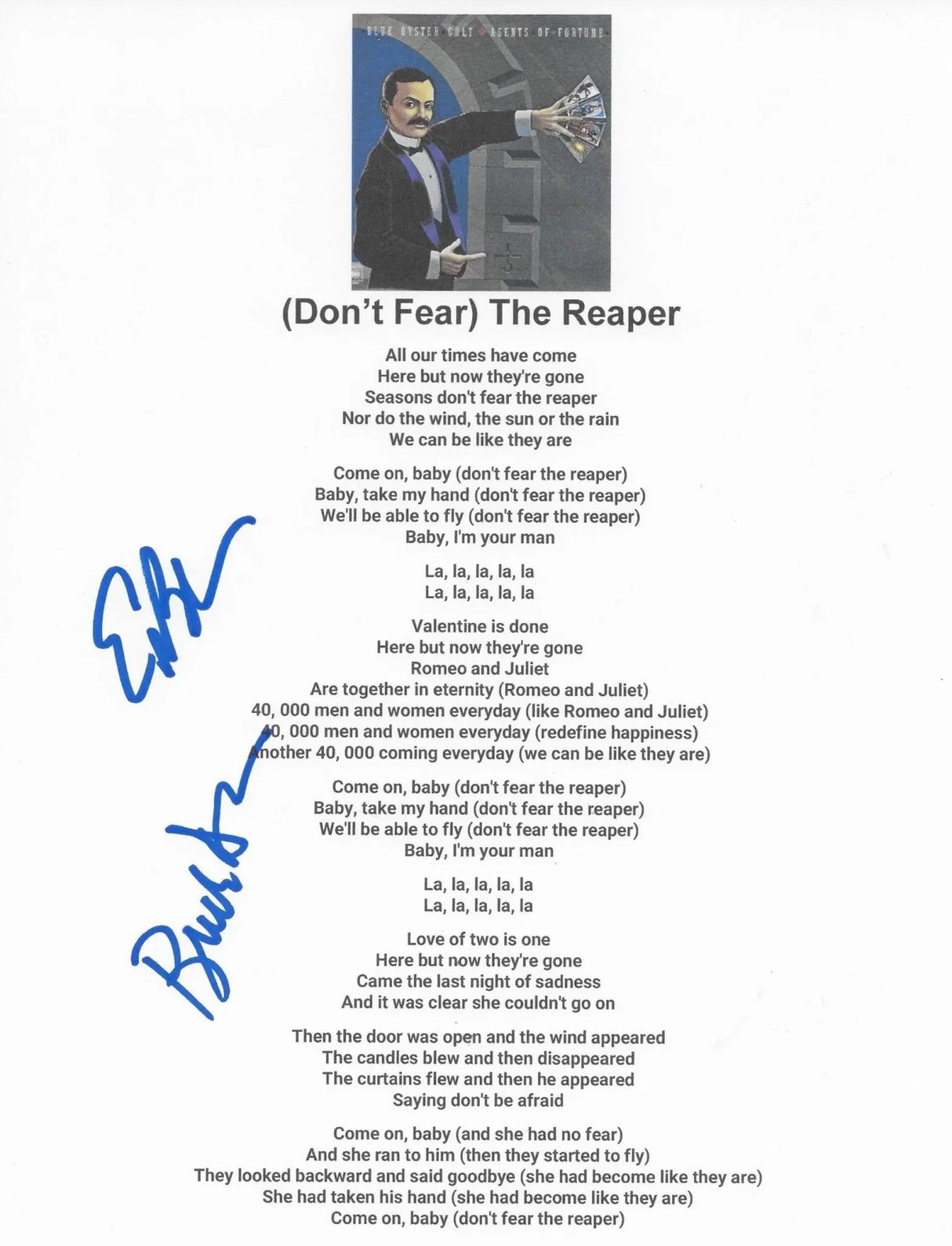 Dharma,Bloom signed Blue Oyster Cult Dont Fear The Reaper Lyrics sheet COA Proof STAR