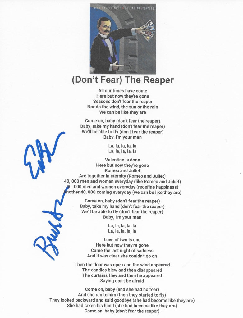 Dharma,Bloom signed Blue Oyster Cult Dont Fear The Reaper Lyrics sheet COA Proof STAR