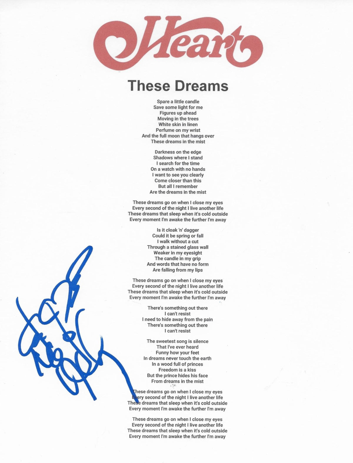 Nancy Wilson Signed Heart These Dreams Lyrics Sheet Proof COA Autographed