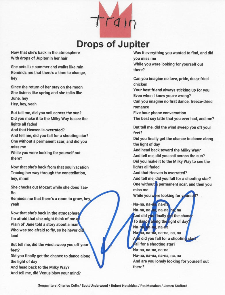 Pat Monahan Signed Train Drops of Jupiter Lyrics Sheet Exact Proof COA Autographed STAR