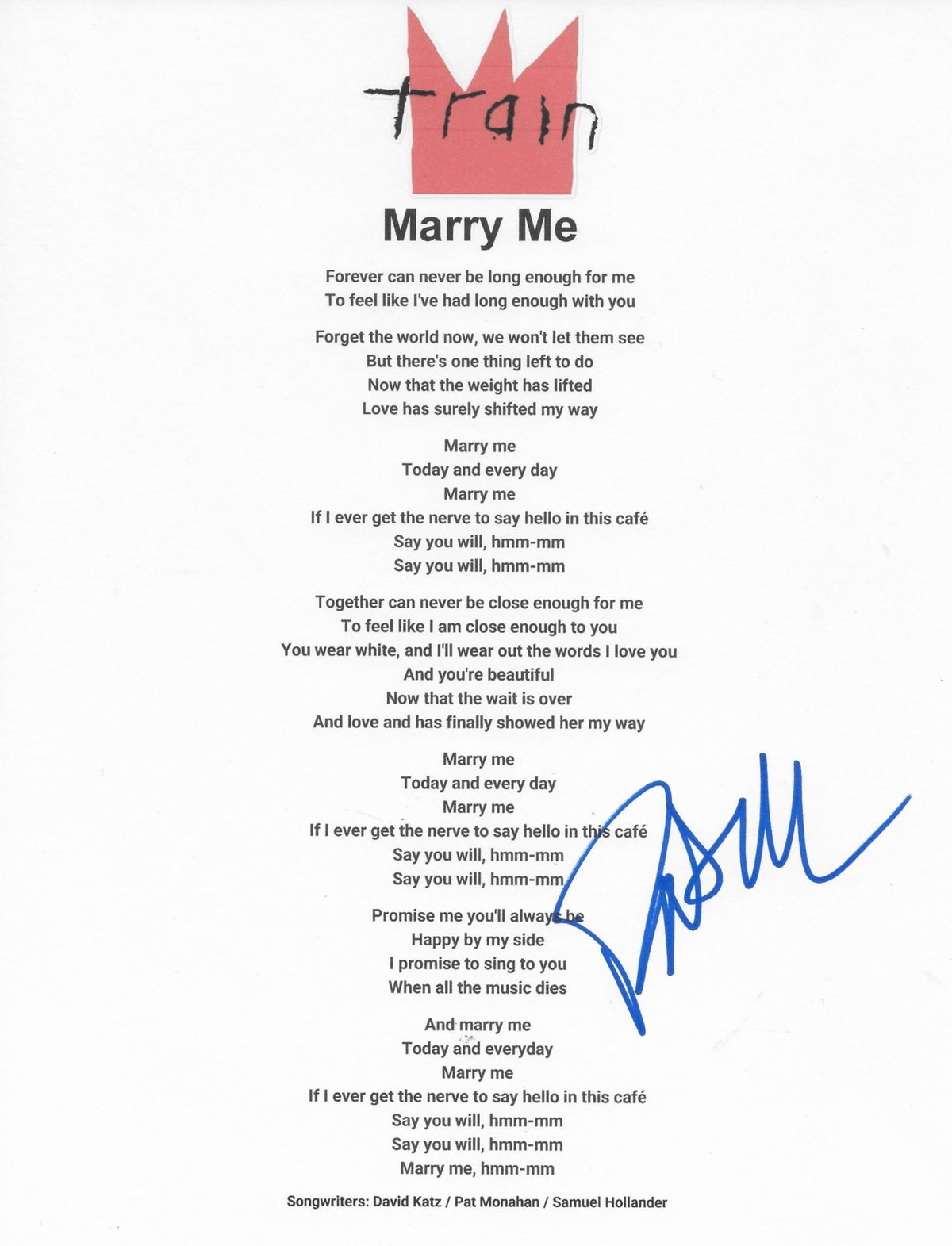 Pat Monahan Signed Train Marry Me Lyrics Sheet Exact Proof COA Autographed