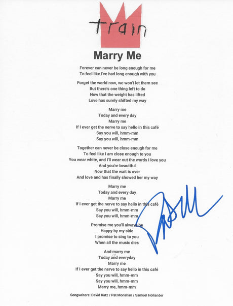 Pat Monahan Signed Train Marry Me Lyrics Sheet Exact Proof COA Autographed