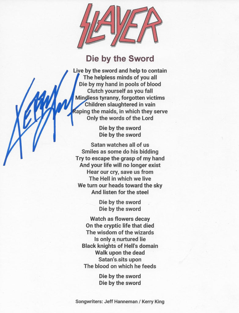 Kerry King Signed Slayer Die By The Sword Lyrics Sheet COA Exact Proof Autographed