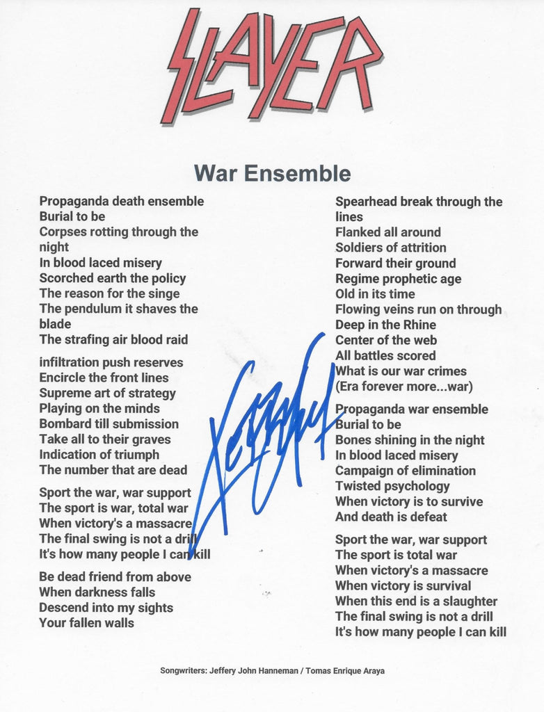 Kerry King Signed Slayer War Ensemble Lyrics Sheet COA Exact Proof Autographed