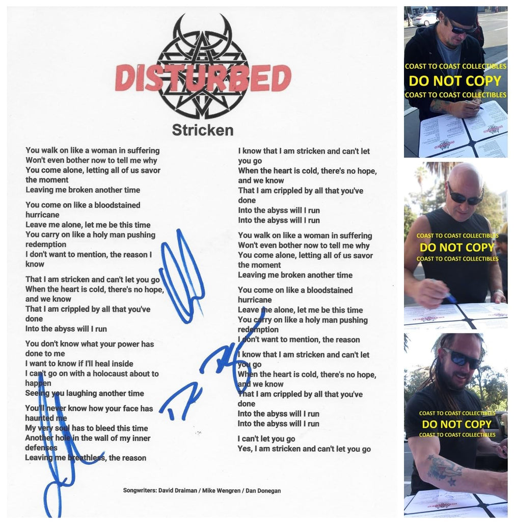 Disturbed Band Signed Stricken Lyrics Sheet COA Proof Autographed