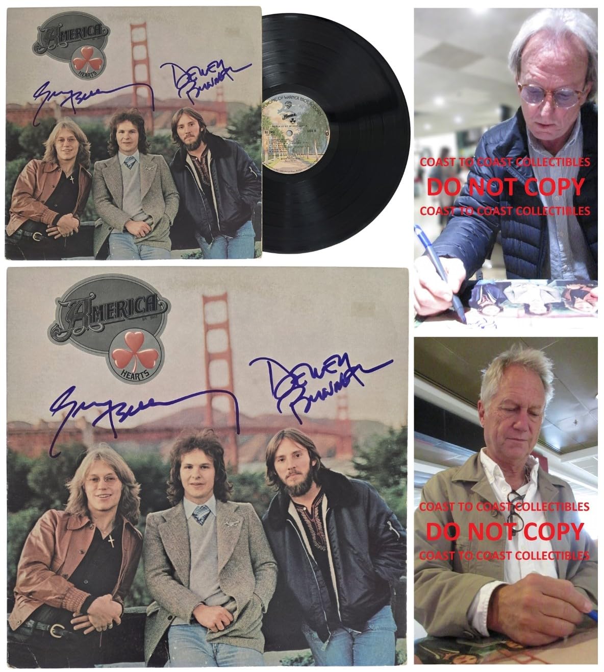 America Band Signed Hearts Album COA Exact Proof Autographed Vinyl Record Dewey Bunnell & Gerry Beckley