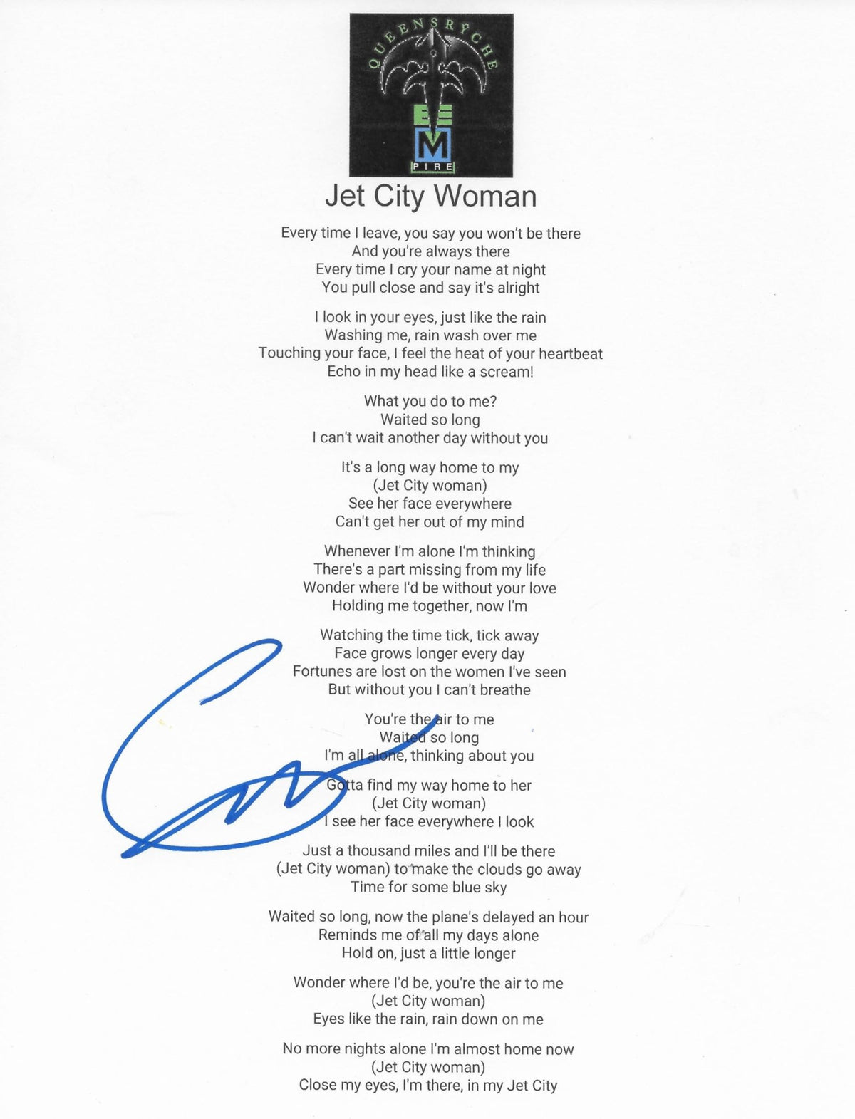 Geoff Tate Signed Queensryche Jet City Woman Lyrics Sheet Proof COA Autographed STAR