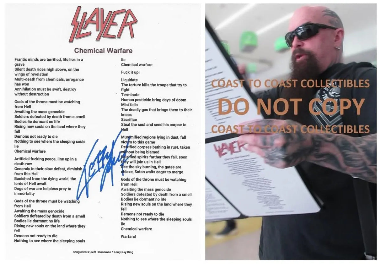 Kerry King Signed Slayer Chemical Warfare Lyrics Sheet COA Exact Proof Autographed