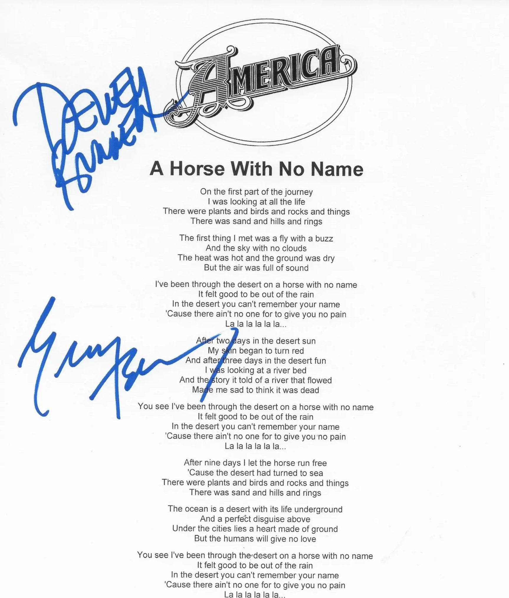 Dewey Bunnell Gerry Beckley signed America ''A Horse with No Name'' Lyrics sheet COA Proof STAR