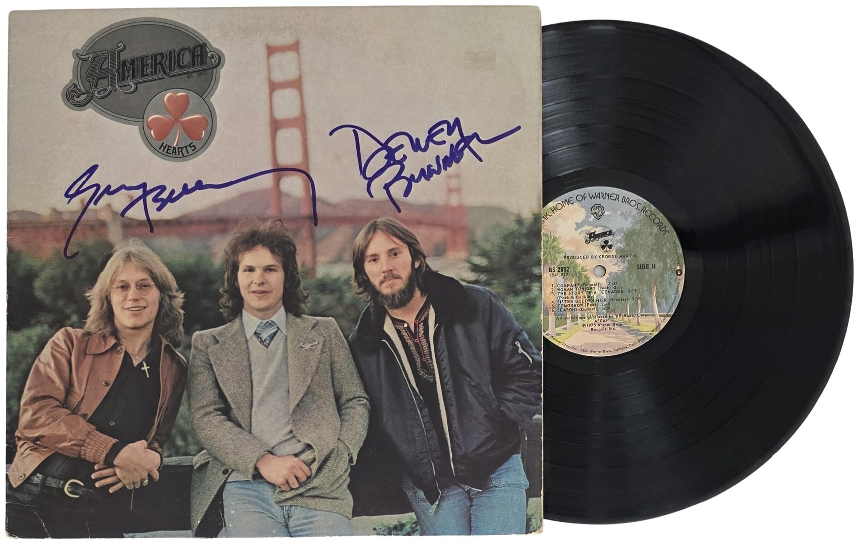 America Band Signed Hearts Album COA Exact Proof Autographed Vinyl Record Dewey Bunnell & Gerry Beckley