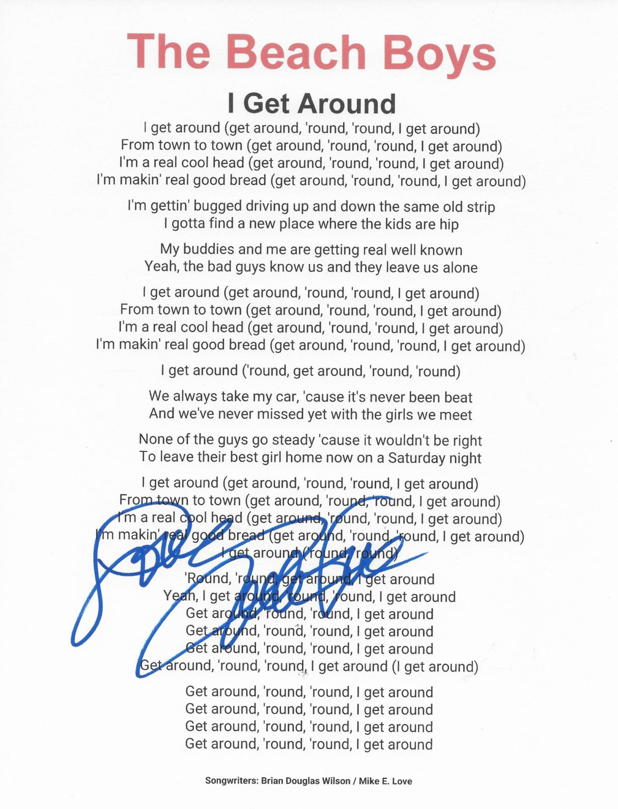 Mike Love Signed Beach Boys I Get Around Lyrics Sheet Autograhed COA Proof