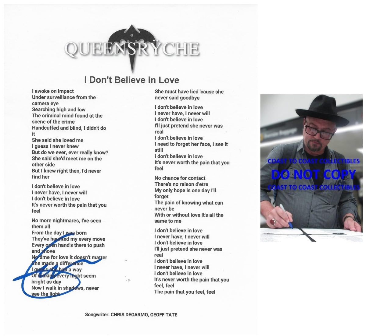 Geoff Tate Signed Queensryche I Dont Believe in Love Lyrics Sheet Proof Autographed
