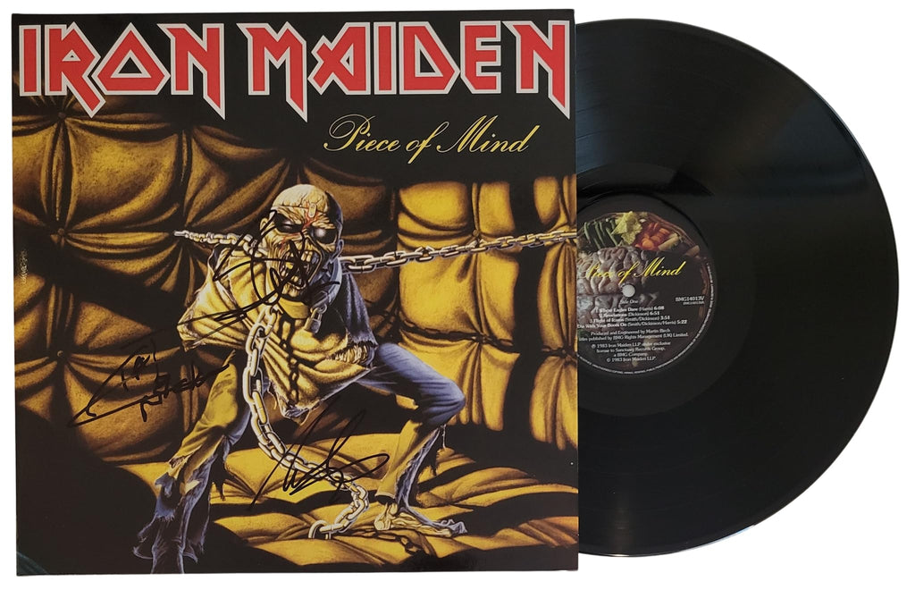 Iron Maiden Signed Piece of Mind Album COA Proof Autographed Vinyl Record Steve Harris,Adrian Smith,Nicko McBrain Iron Maiden