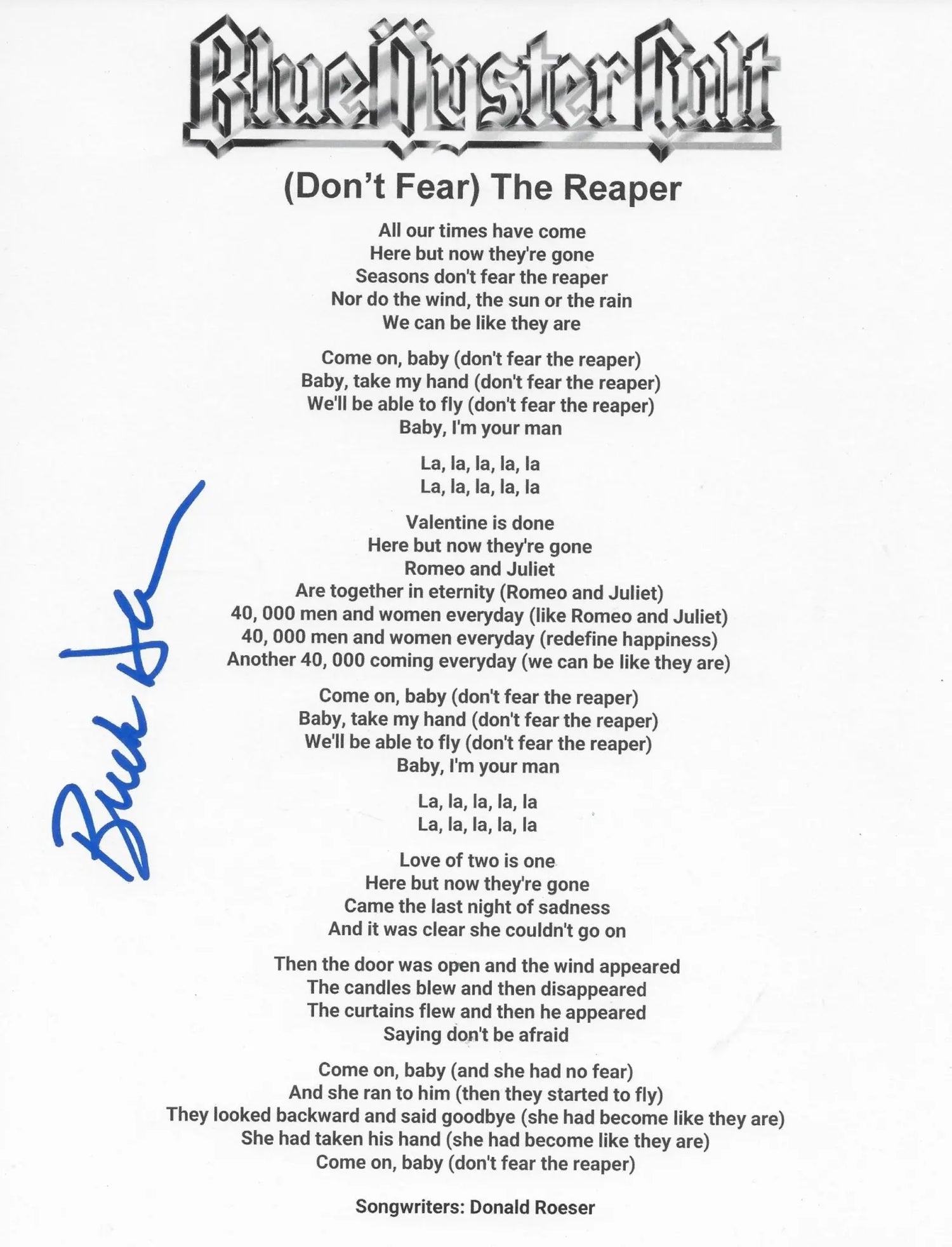 blue oyster cult monsters lyrics Buck Dharma Signed Blue Oyster Cult Dont Fear The Reaper Lyrics Sheet – Coast to Coast Collectibles Memorabilia
