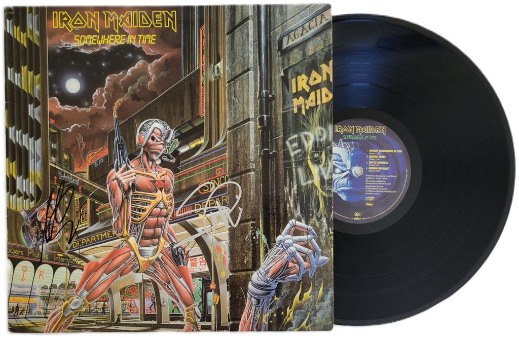 Iron Maiden Signed Somewhere in Time Album COA Proof Autographed Vinyl Record Steve Harris,Adrian Smith