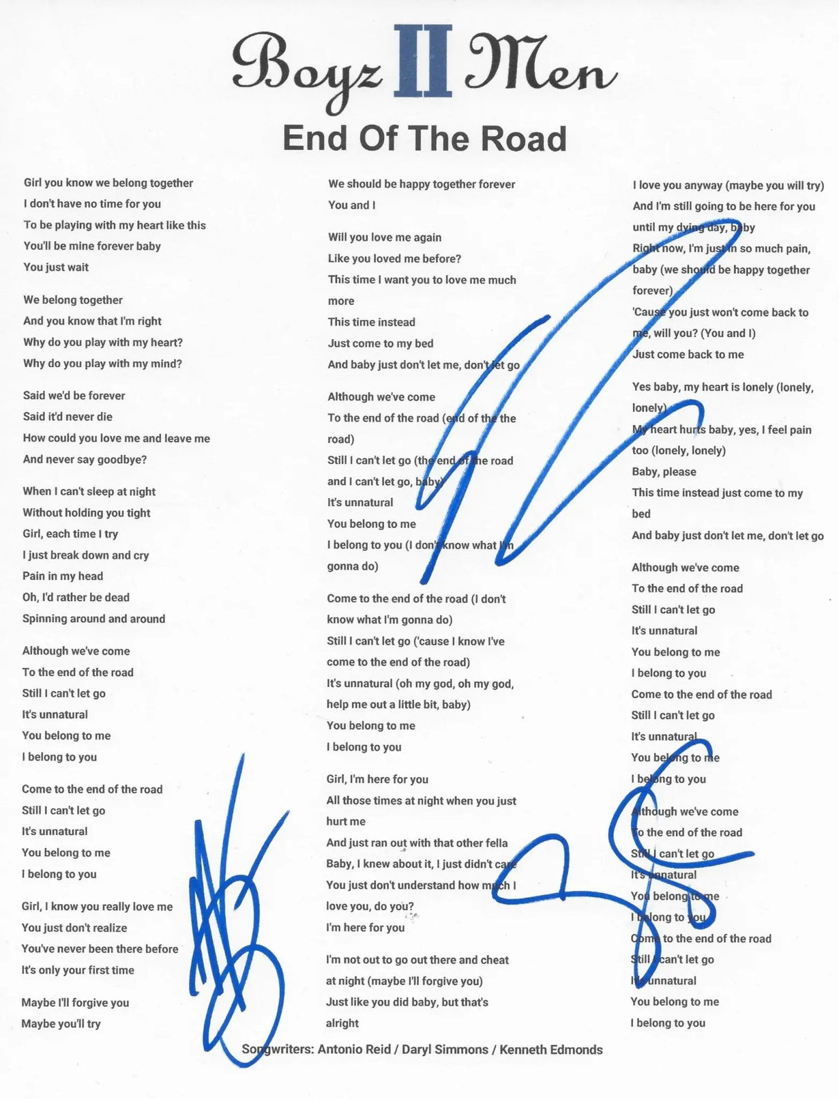 Boyz II Men Signed End of The Road Lyrics Sheet COA Exact Proof Autographed STAR