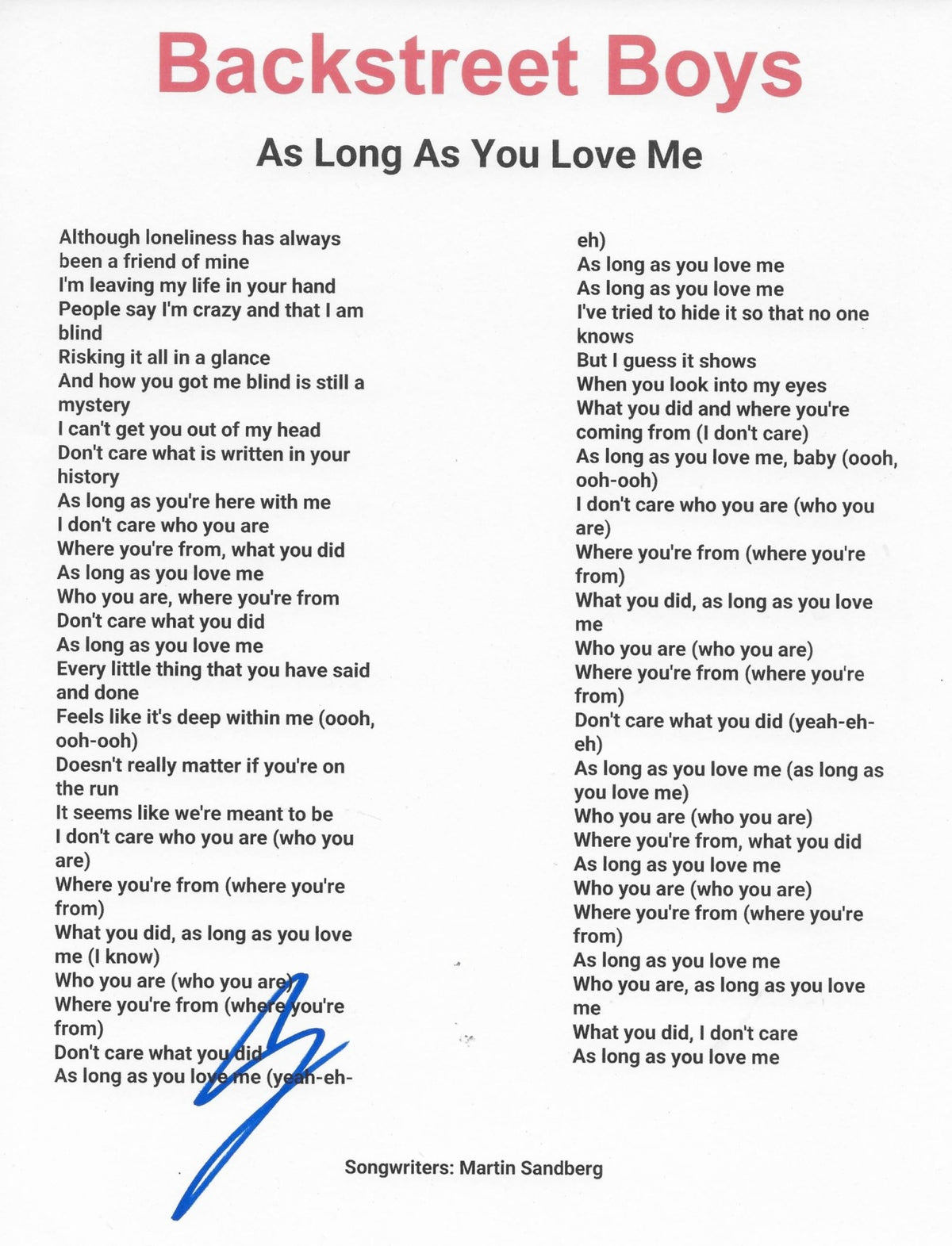 AJ McLean Signed Backstreet Boys As Long As You Love Me Lyrics Sheet COA Proof Autographed