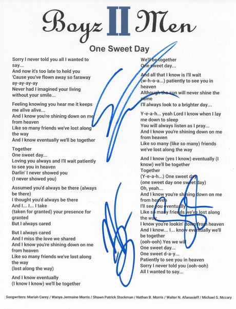 Boyz II Men Signed One Sweet Day Lyrics Sheet COA Exact Proof Autographed STAR