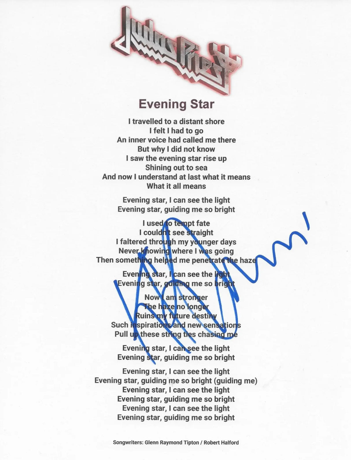 KK Downing Signed Heading out to the Highway Lyrics Sheet COA Exact Proof Autographed Judas Priest