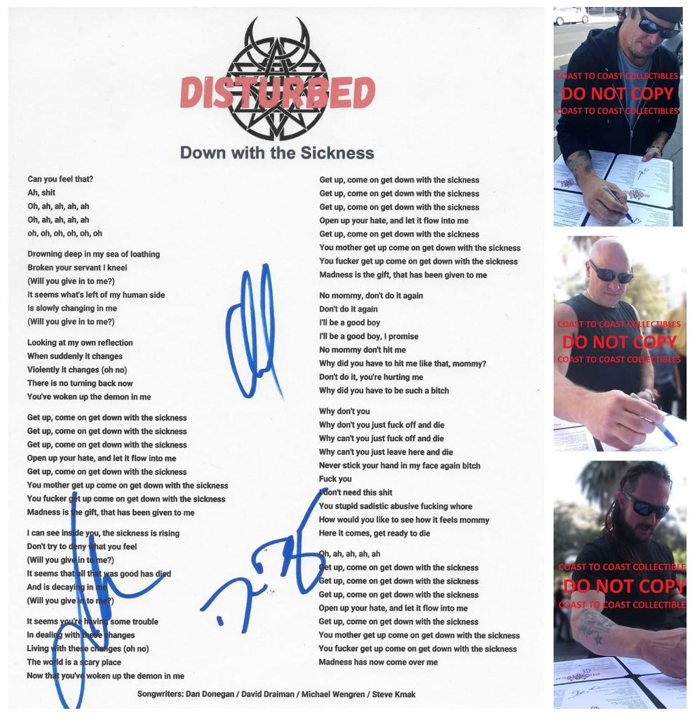 Disturbed Band Signed Down with the Sickness Lyrics Sheet COA Proof Autographed