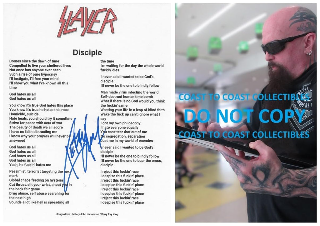 Kerry King Signed Slayer Disciple Lyrics Sheet COA Exact Proof Autographed