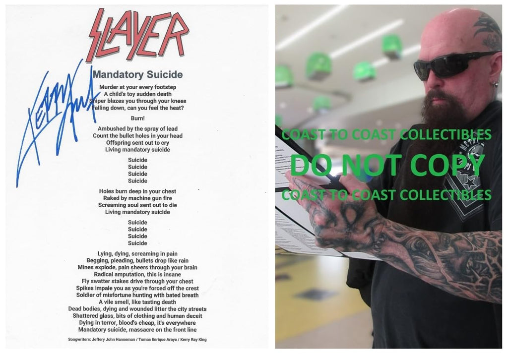 Kerry King Signed Slayer Madatory Suicide Lyrics Sheet COA Exact Proof Autographed