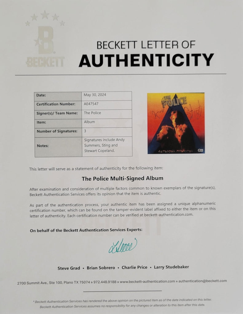 The Police Signed Zenyatta Mondatta Album Beckett COA Autographed Vinyl Record