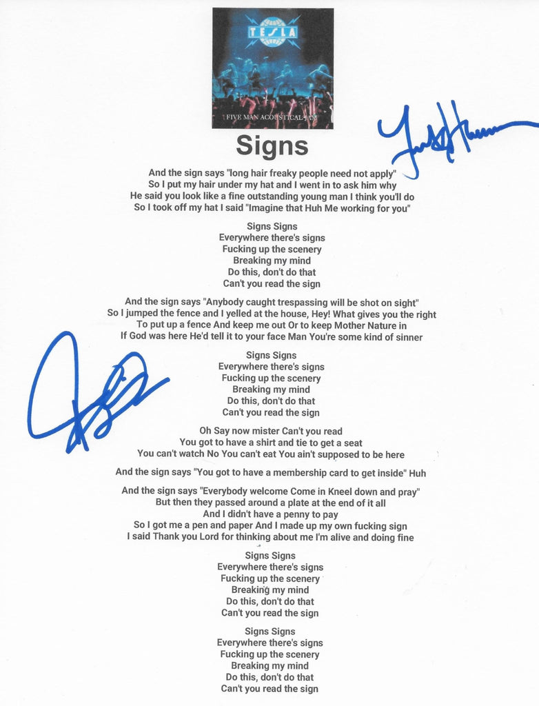 Jeff Keith & Frank Hannon Signed Tesla Signs Lyrics Sheet COA Proof Autographed