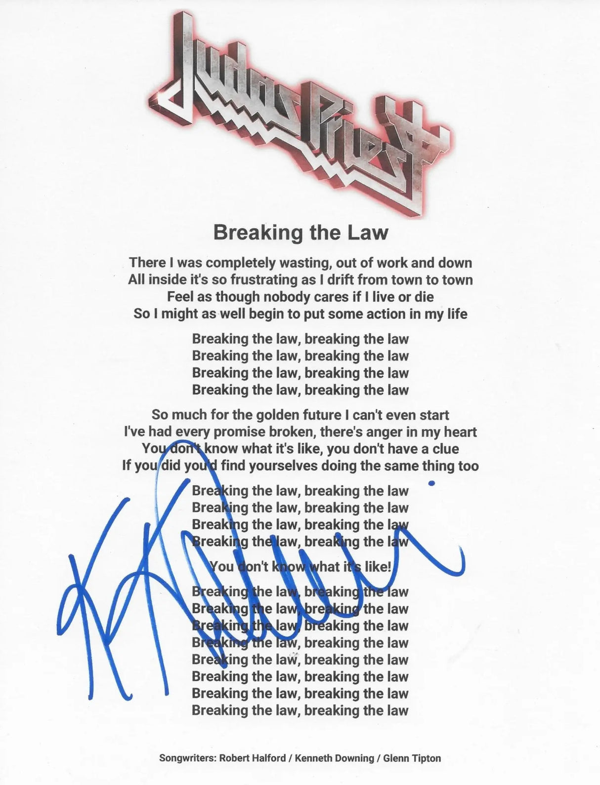 KK Downing Signed Judas Breaking the Law Lyrics Sheet COA Exact Proof Autographed Judas Priest