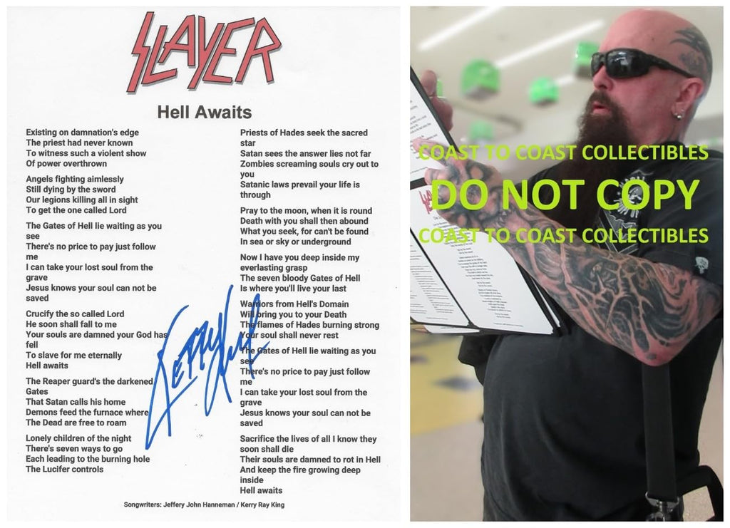 Kerry King Signed Slayer Hell Awaits Lyrics Sheet COA Exact Proof Autographed