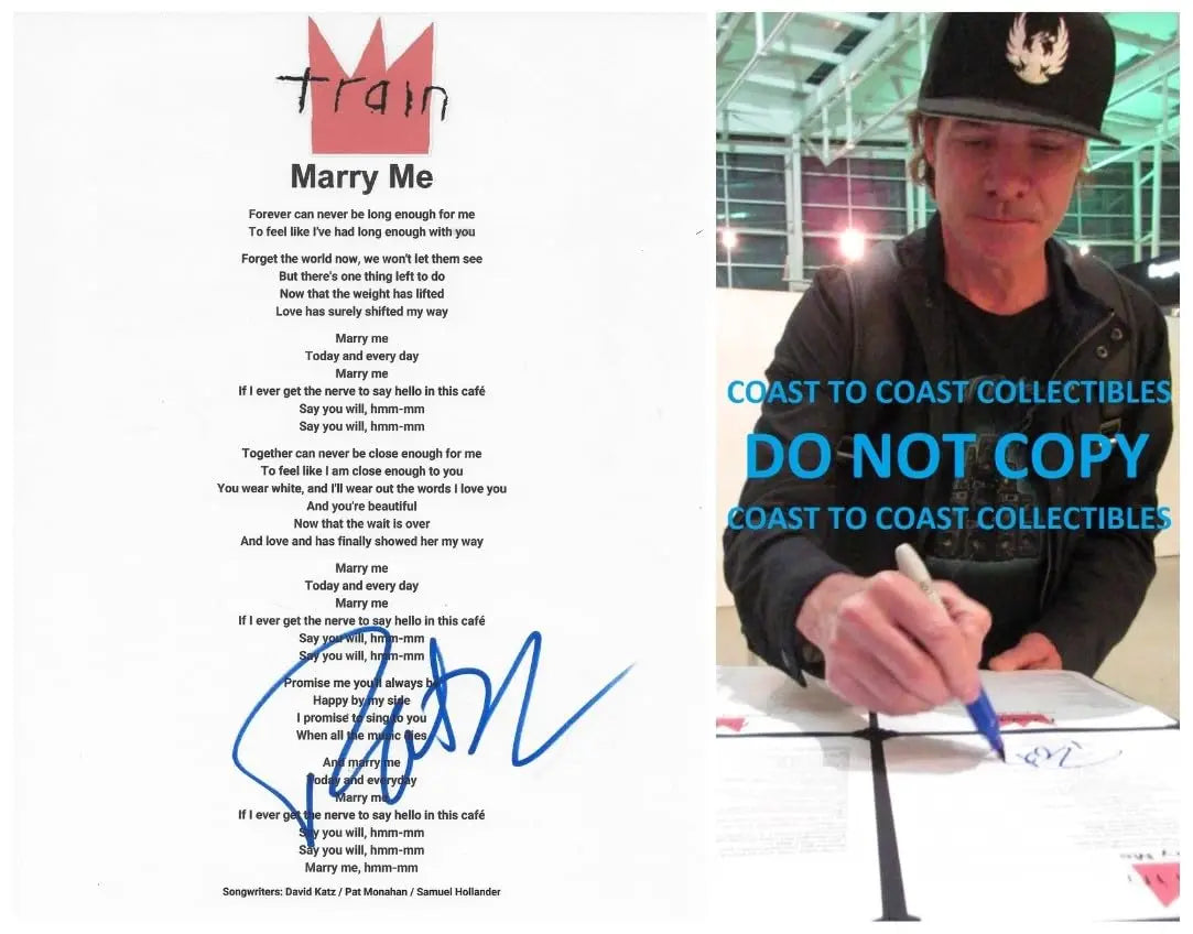 Pat Monahan Signed Train Merry Me Lyrics Sheet Exact Proof COA Autographed