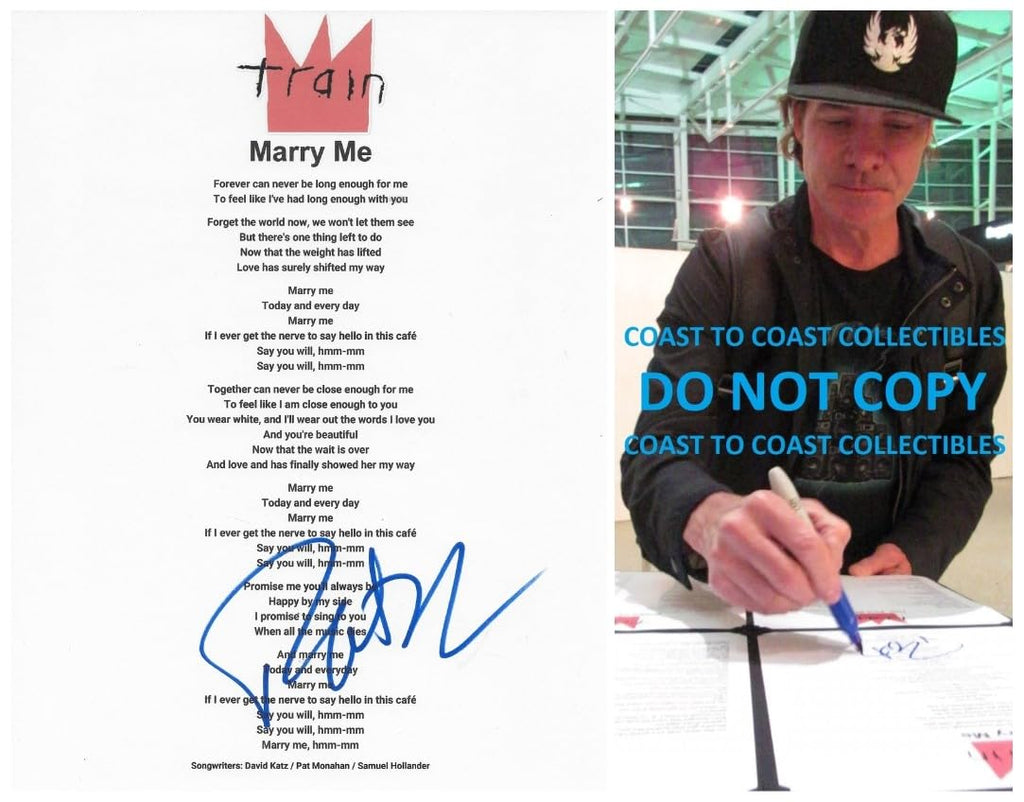 Pat Monahan Signed Train Merry Me Lyrics Sheet Exact Proof COA Autographed