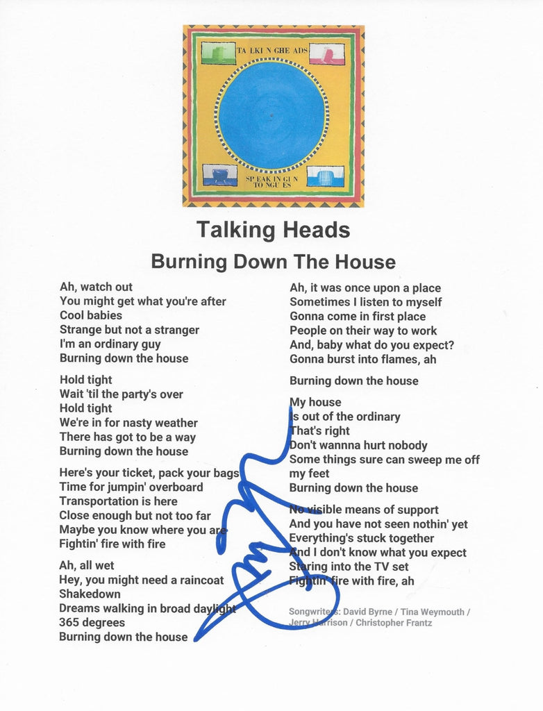 Jerry Harrison Signed Talking Heads Burning Down The House Lyrics Sheet Proof