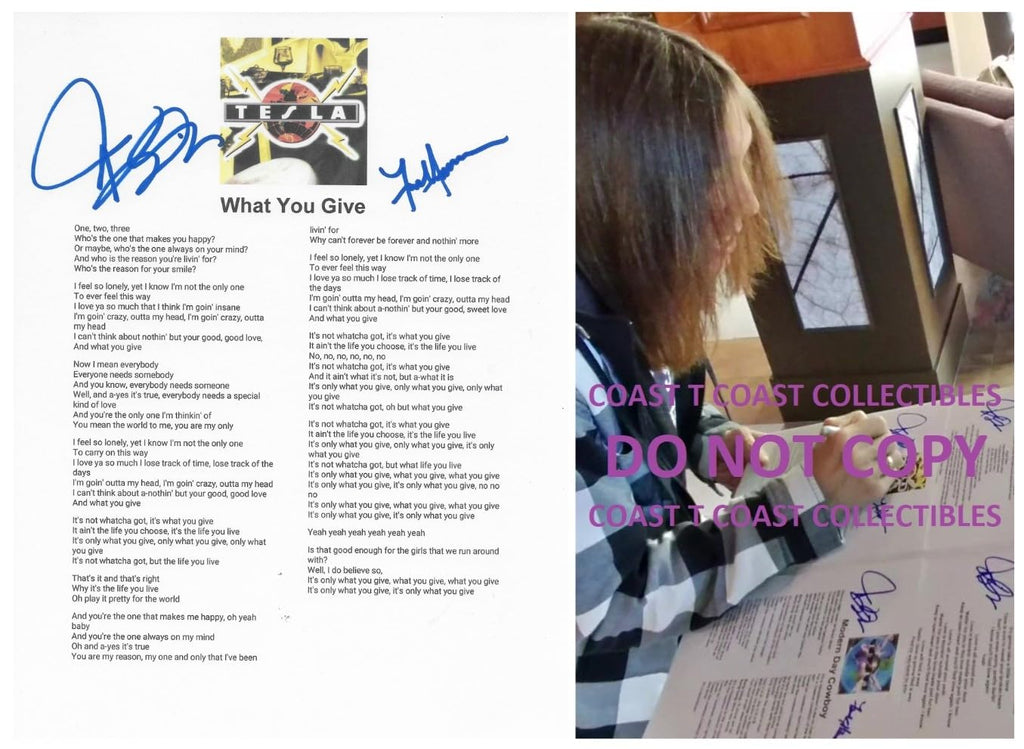 Jeff Keith & Frank Hannon Signed Tesla What You Give Lyrics Sheet COA Proof Autographed