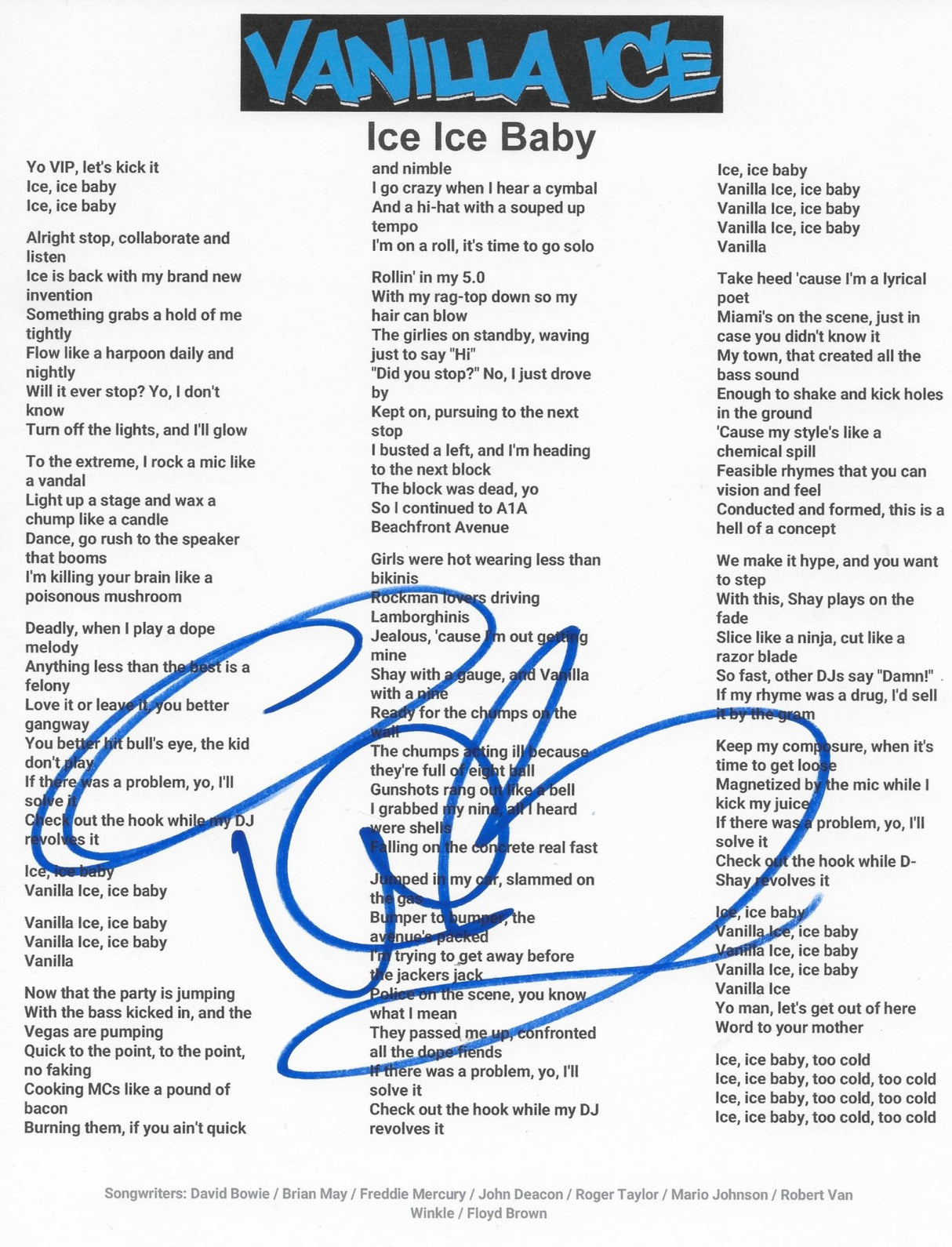 Vanilla Ice Signed Ice Ice Baby Lyrics Sheet COA Exact Proof Autographed